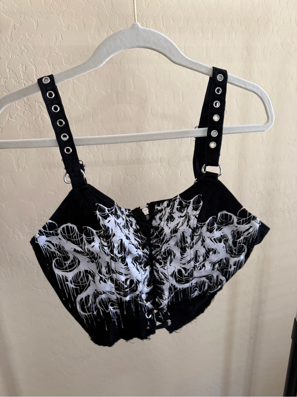 Dolls Kill Black & White Lace-Up Graphic Crop Top
